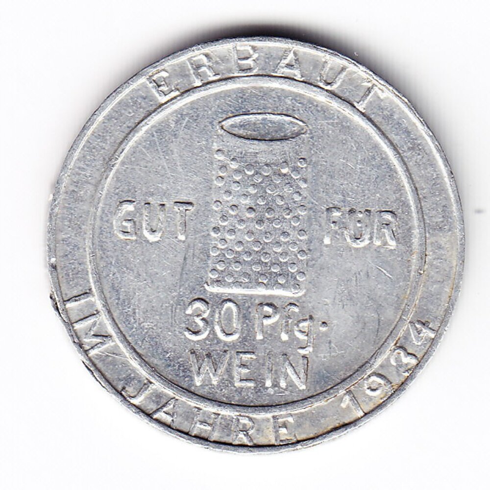 1934 Germany 30 Pfennig Aluminum Wine Token (b59)